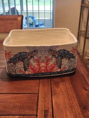 handmade rope basket with nautical print sea turtles with handles10x12x6